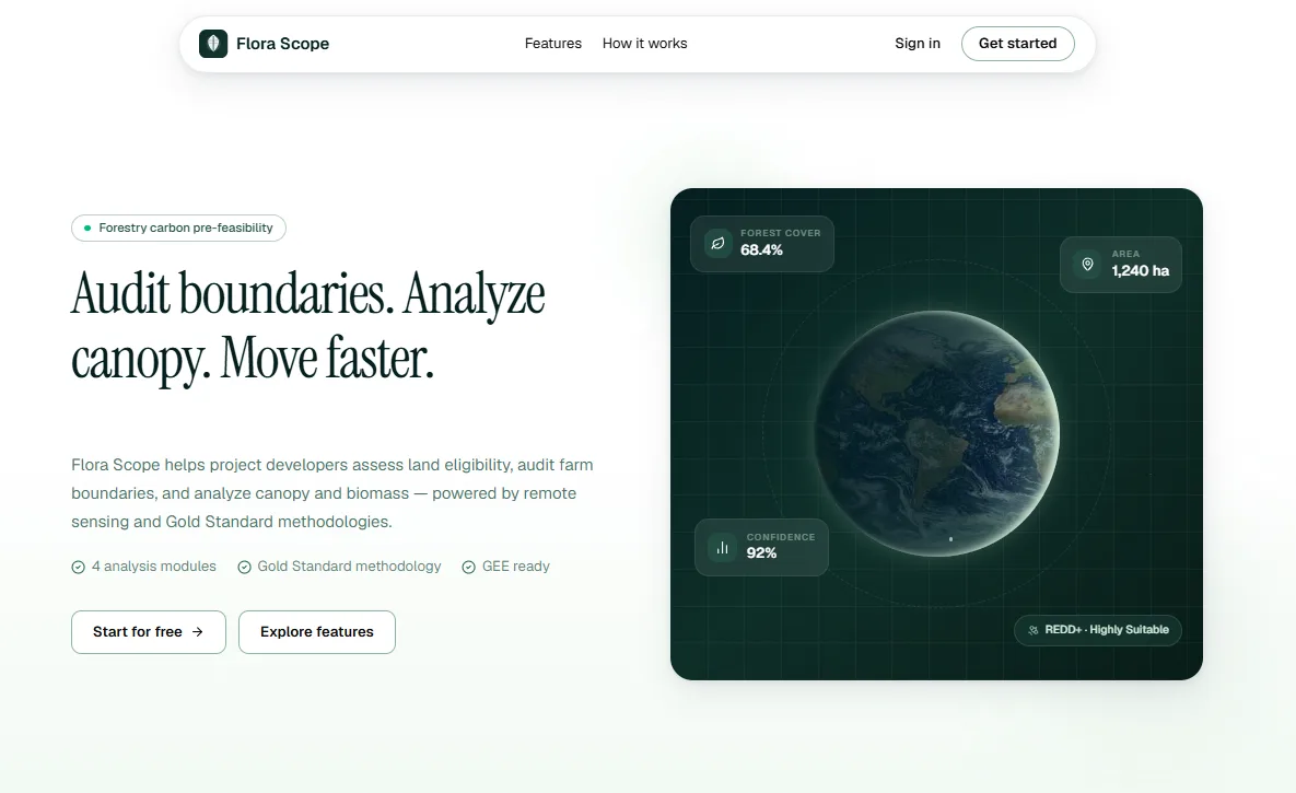 FloraScope showing a project boundary over satellite imagery with land-use analysis
