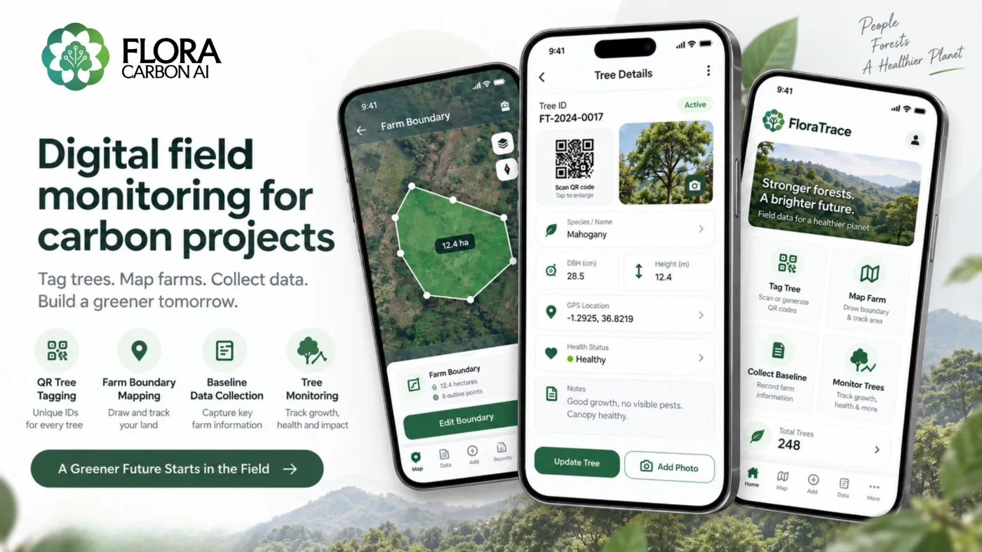 FloraTrace mobile app screens showing a farm boundary map, a tagged tree record with QR code and photograph, and the app home screen